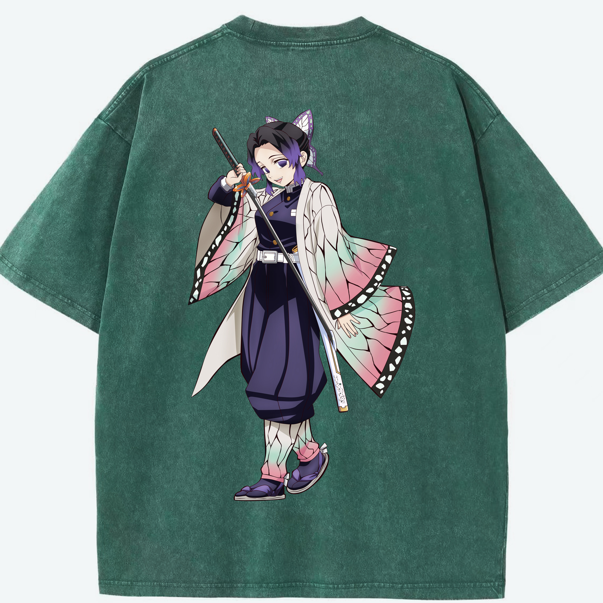 （画像用） 鬼滅の刃（きめつのやいば）蟲柱-胡蝶 しのぶ／こちょう しのぶ Kochou Shinobu 綿100% ヴィンテージ風 半袖Tシャツ（背面プリント）